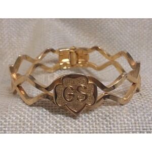 Vintage Girl Scouts GS Gold Tone Hinged Bangle Bracelet Trefoil Retro 70s 1980s